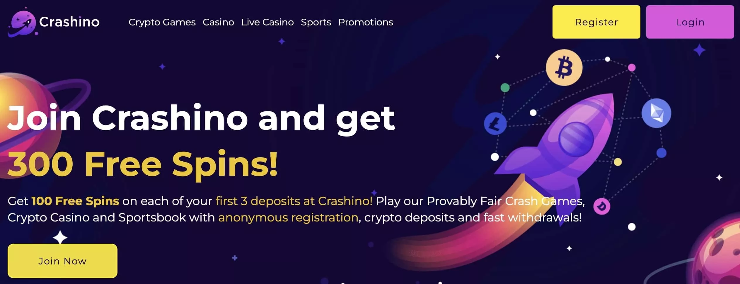 Crashino crypto gambling site homepage