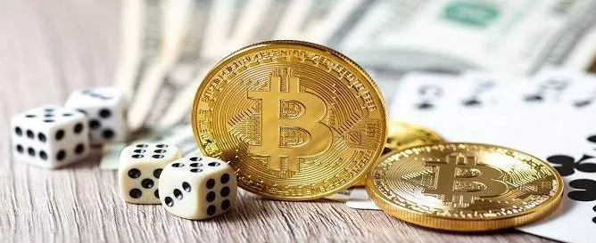 Bitcoins,,Cards,,Dices,On,Wooden,Background.,Cryptocurrencie,Gambling,Concept