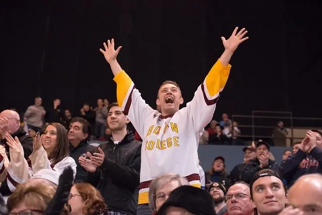 hockey fan raising his hands in cheer
