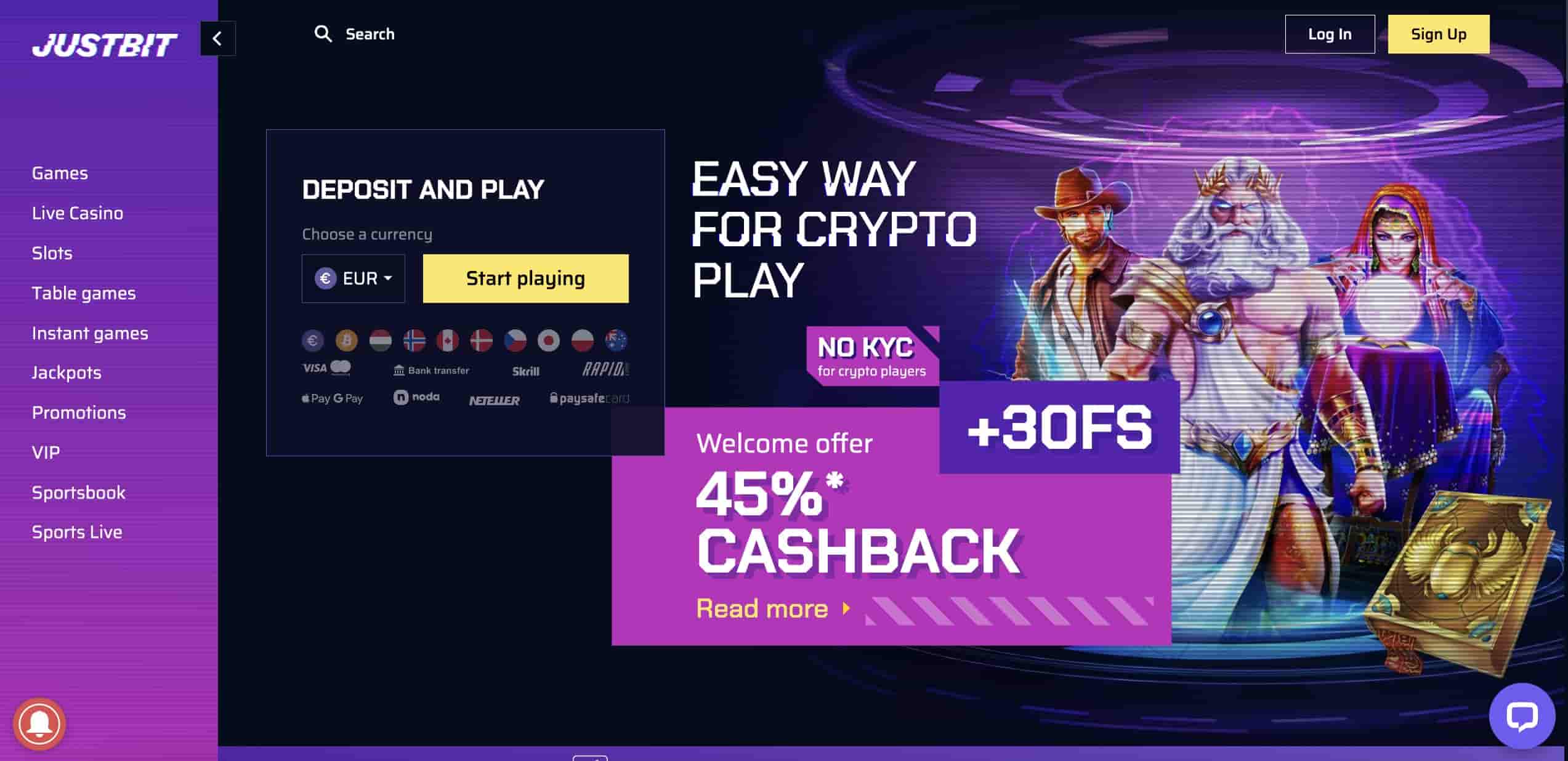 JustBit Casino Homepage