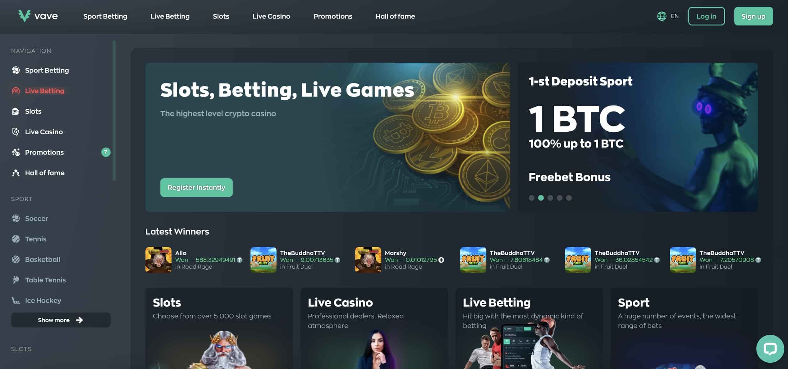 Vave casino homepage