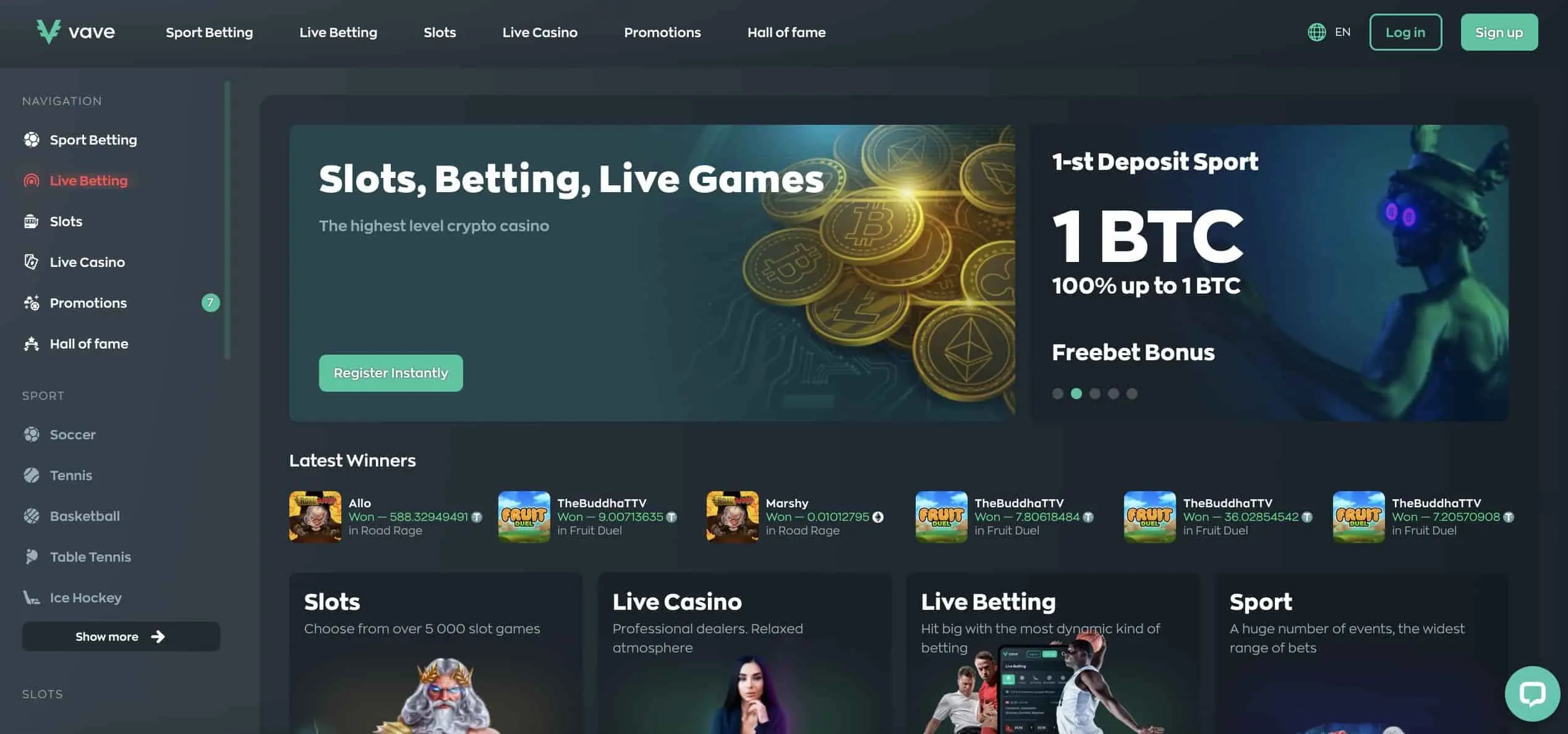 Vave casino homepage