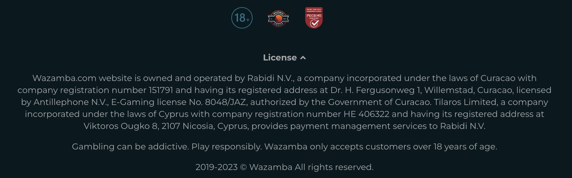 wazamba casino licence