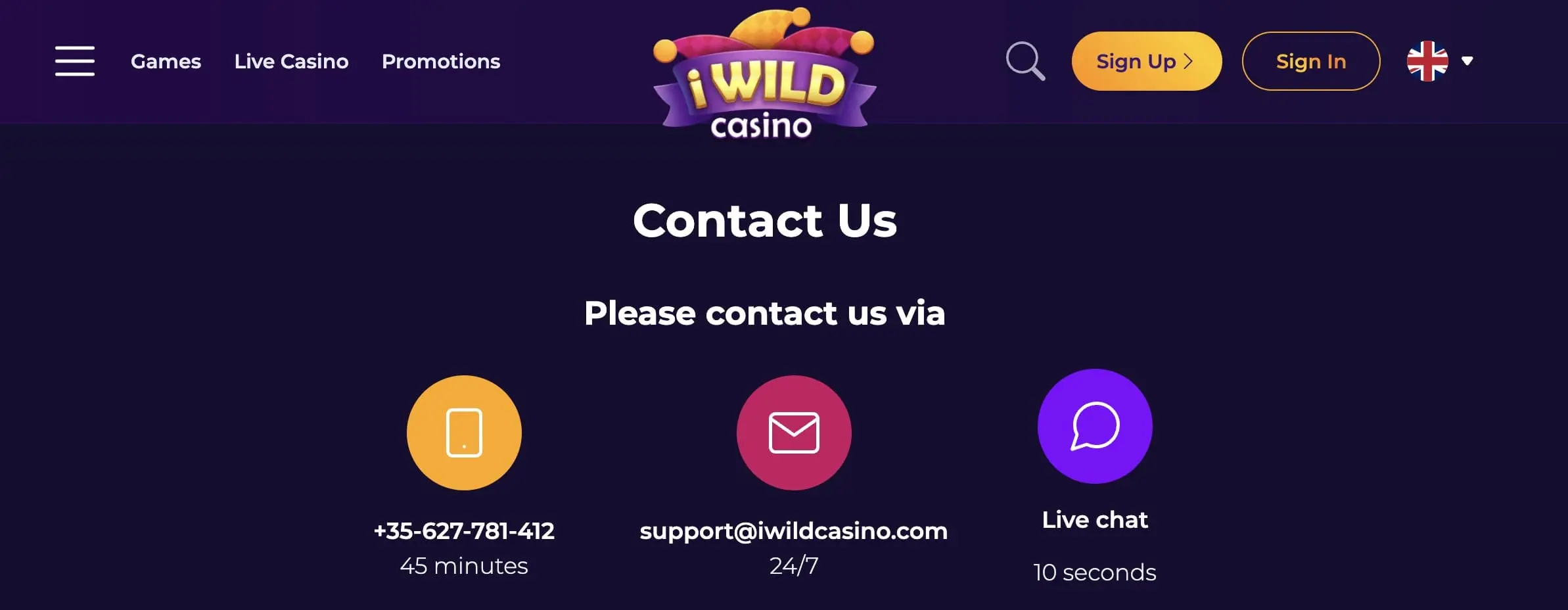 iWild casino customer support