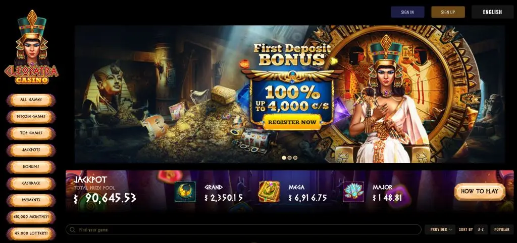 Cleopatra casino homepage