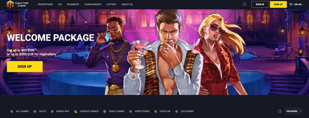 Grand Theft Casino homepage