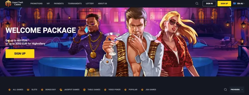 Grand Theft Casino homepage