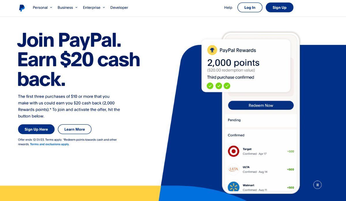 PayPal exchange homepage