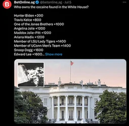 Who is the owner of the cocaine found in the White House, odds by Betonline.ag