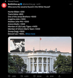 Who is the owner of the cocaine found in the White House, odds by Betonline.ag