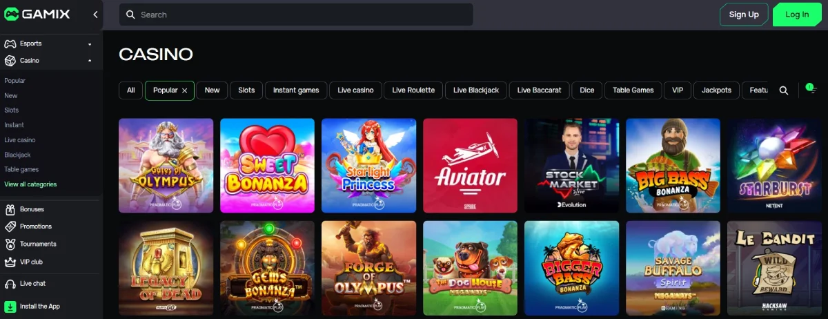 gamix casino games selection