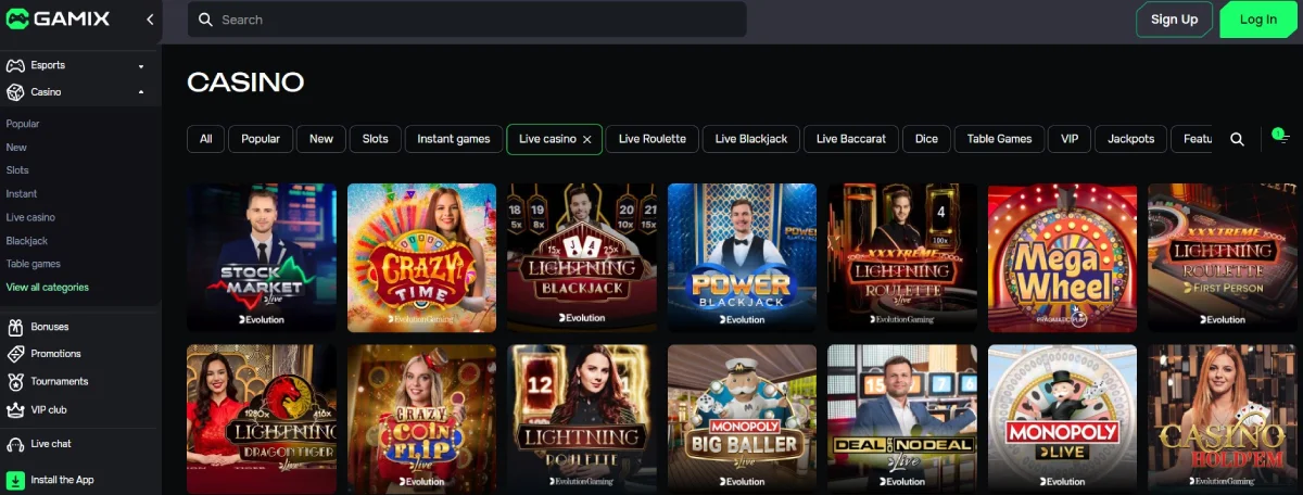 gamix live casino games selection