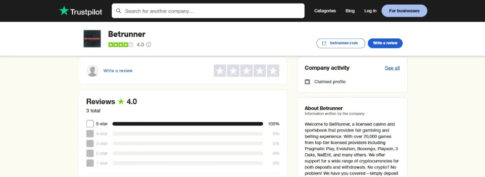 BetRunner Casino Trustpilot Rating