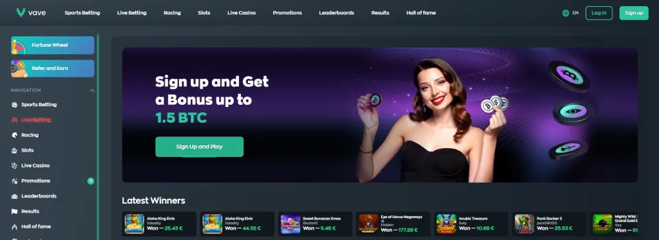 Vave Casino Homepage